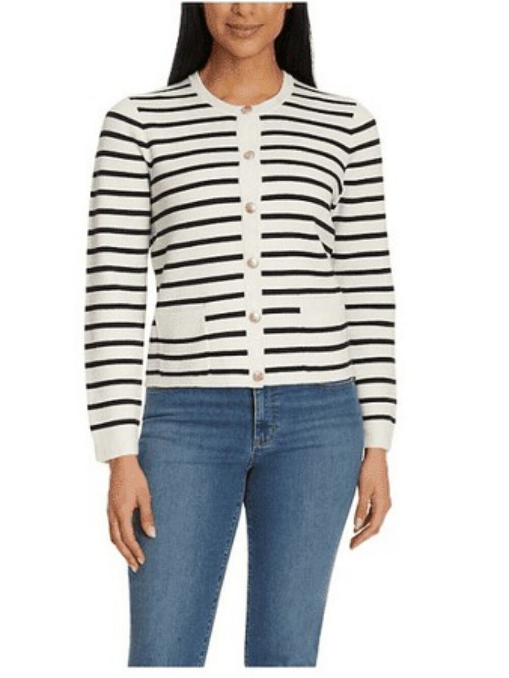 New Nine West Striped Crewneck Button-Front Cardigan Sweater - White/Blue